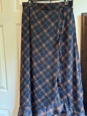 Maurices Navy Plaid A-Line Skirt with Subtle Rust and Cream Accents